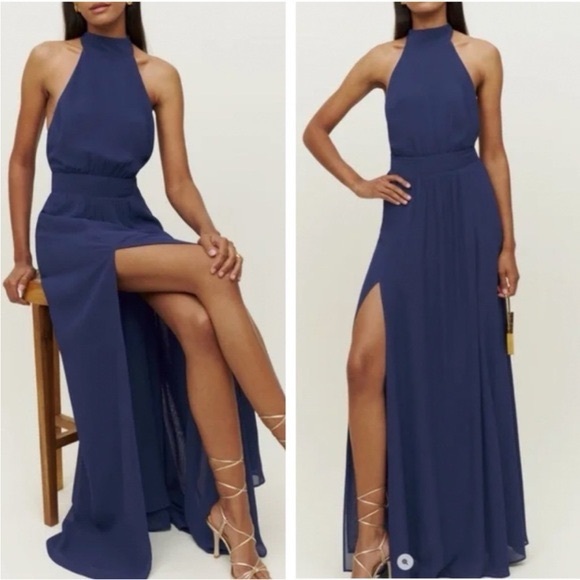 Reformation Dresses & Skirts - Reformation Andee Dress - Blue Halter Maxi Side Slit Size‎ 10